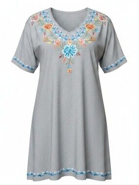CAITE | Embroidered Floral Boho Tunic Heather Gray Made India |‎ L